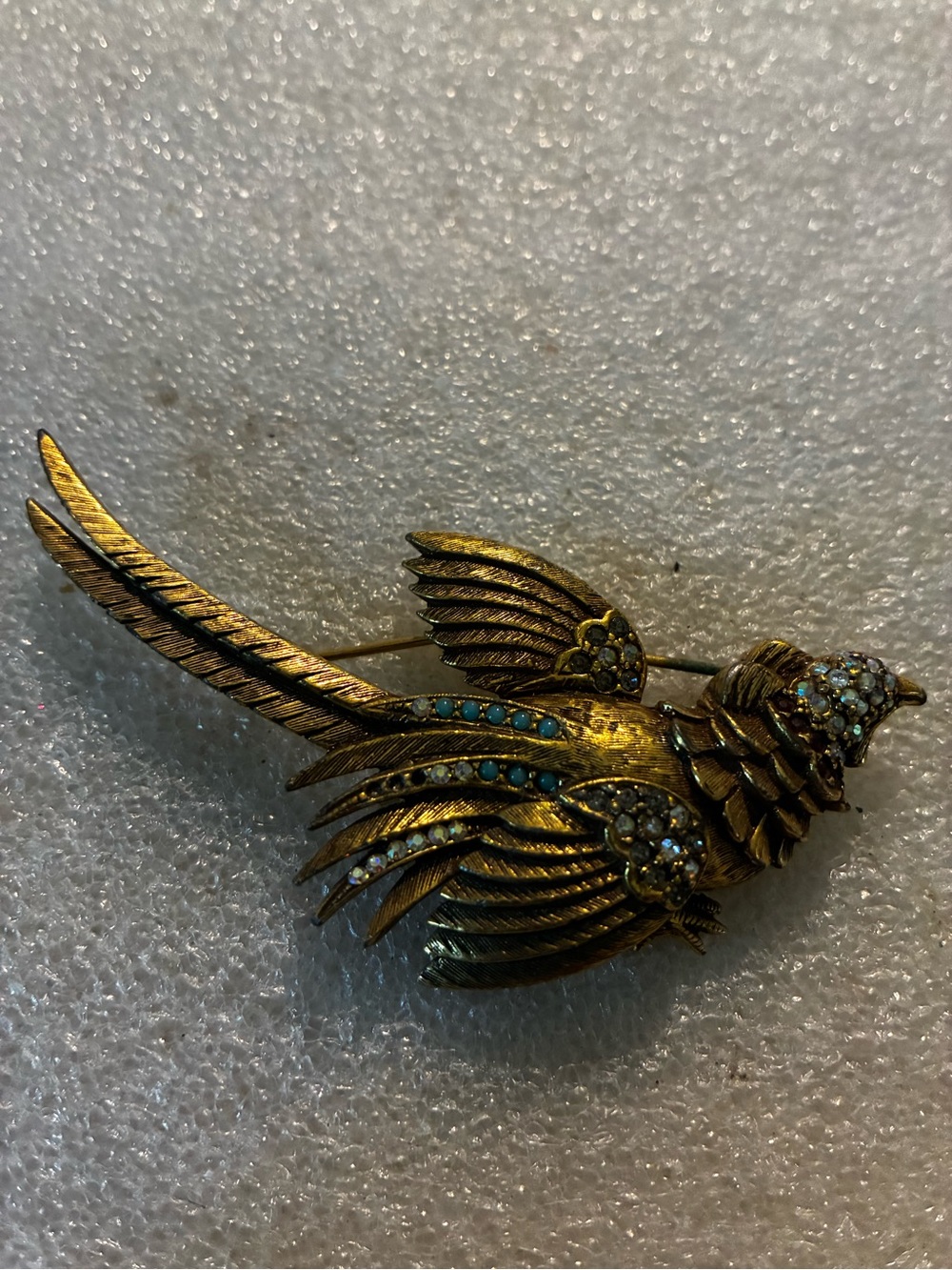 Gold-Tone Bird Brooch with Blue and Clear Rhinestones